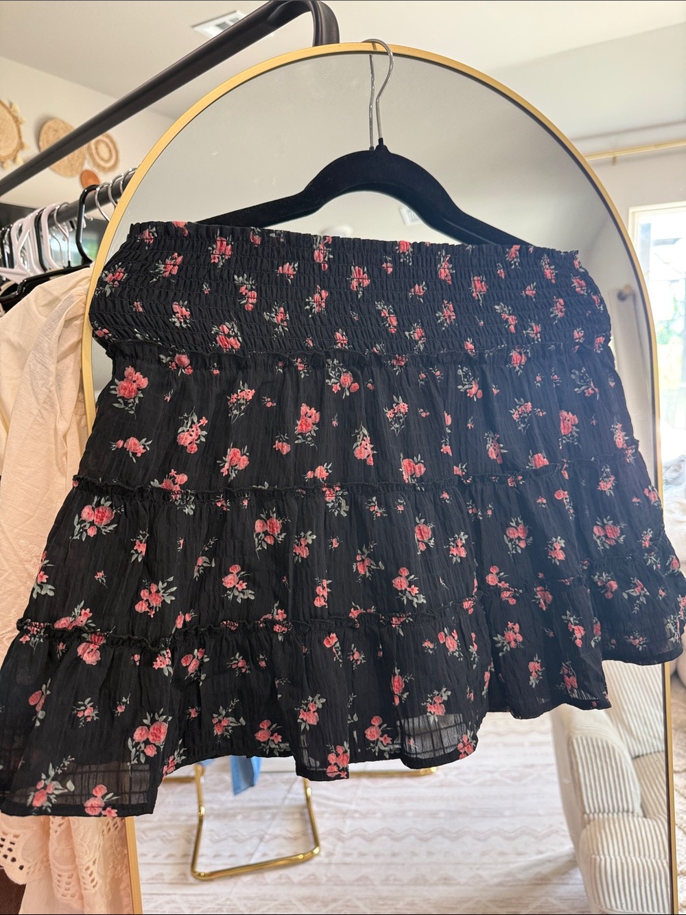 Black Floral Smocked Mini Skort